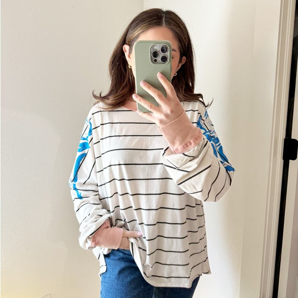Free People Take Flight Stripped Pullover Floral Stamped Tee Large